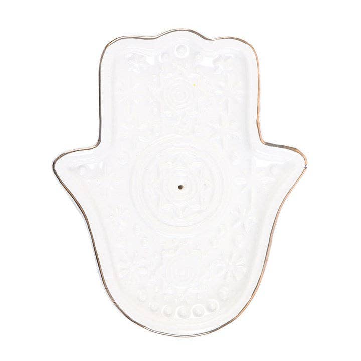 Hamsa Hand Räucherstäbchenhalter aus Keramik – Schmuckschale in Weiß
