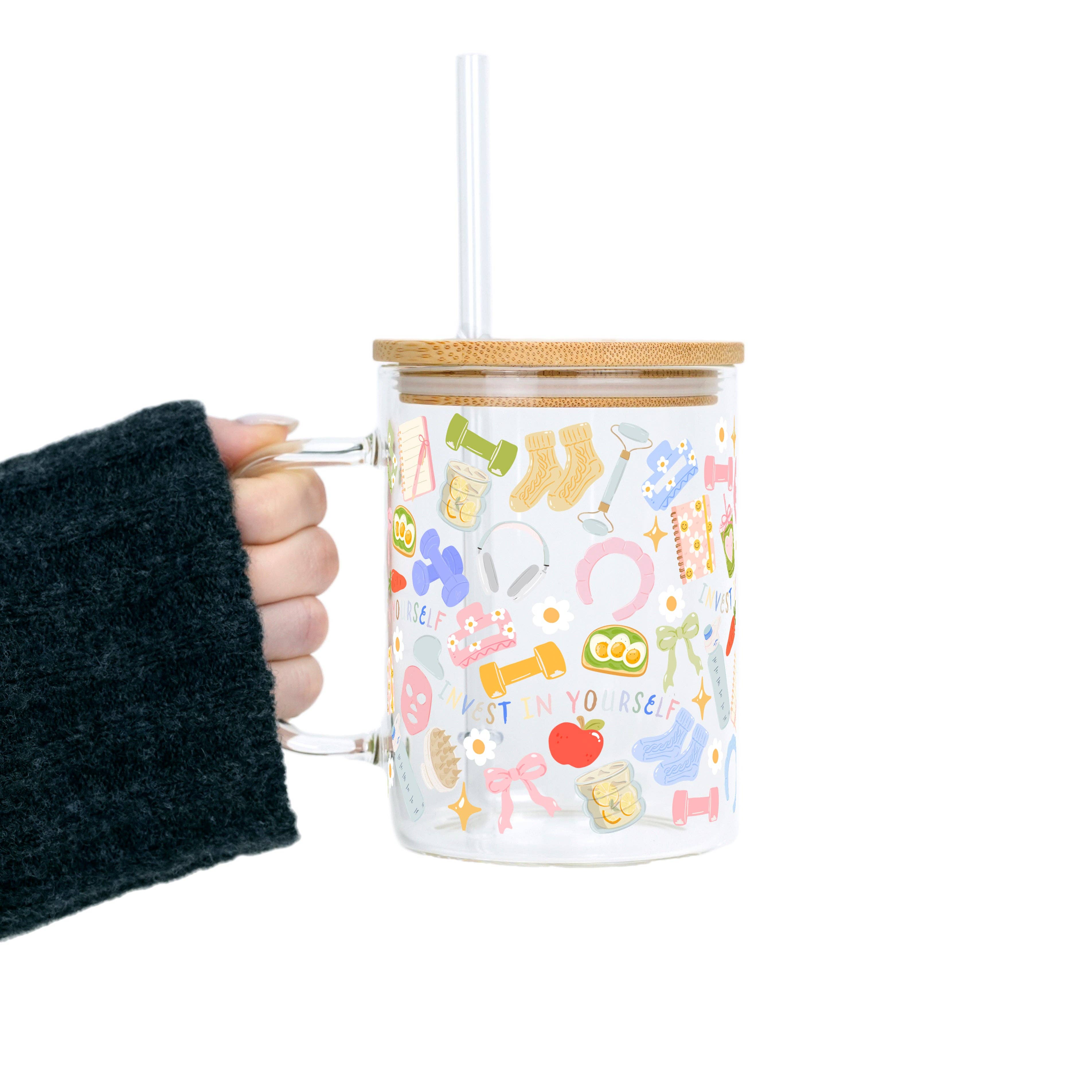 "Soft Reset" Glastasse - mit Bambusdeckel & Strohhalm