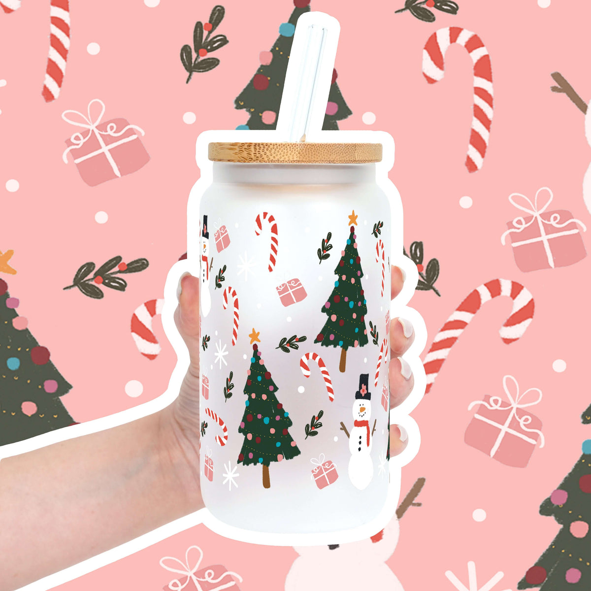Fröhliche kleine Weihnachtstasse mit Deckel & Strohhalm, 475ml