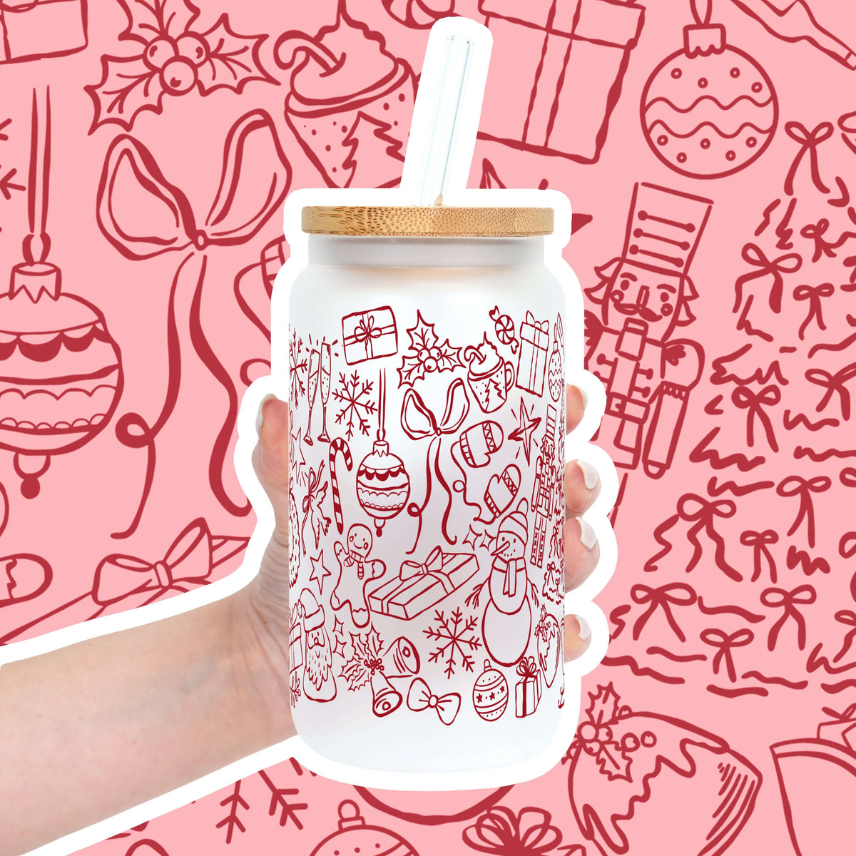 Weihnachts-Doodles-Becher mit Deckel & Strohhalm, 475ml