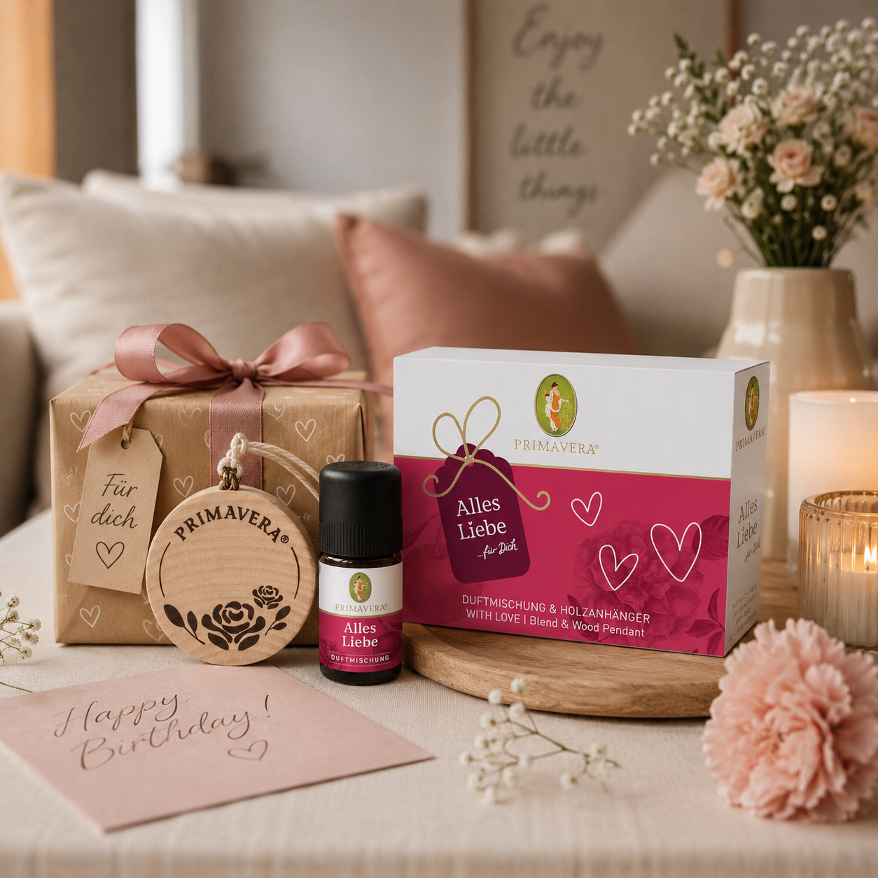 Geschenkset Alles Liebe – Duftöl & Holzanhänger mit Rosen- und Mandarinenduft