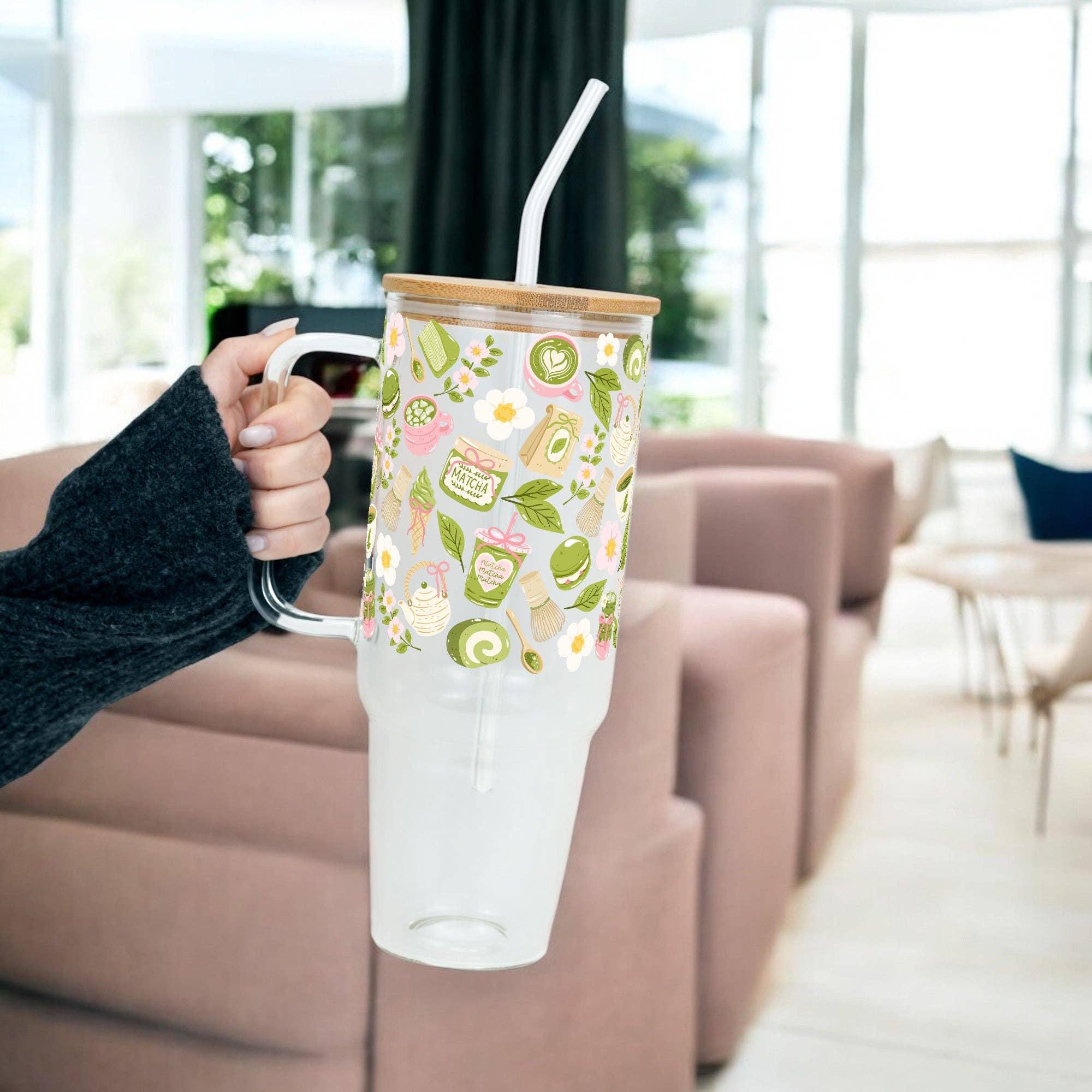 "Calm Matcha Momente" Big Cup mit Bambusdeckel & Strohhalm