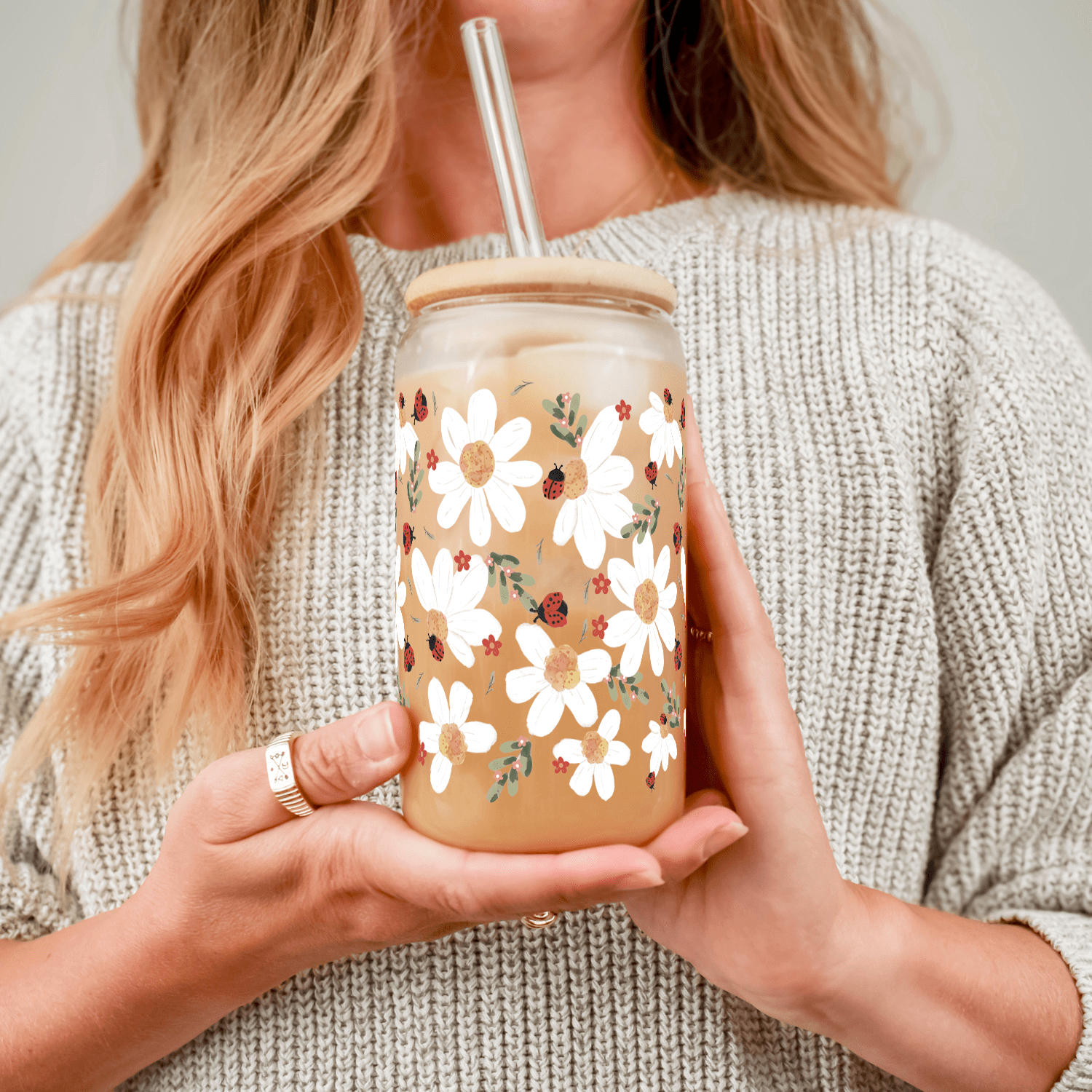 "Lucky Bloom Classic Cup"- Glasbecher mit Bambusdeckel & Strohhalm