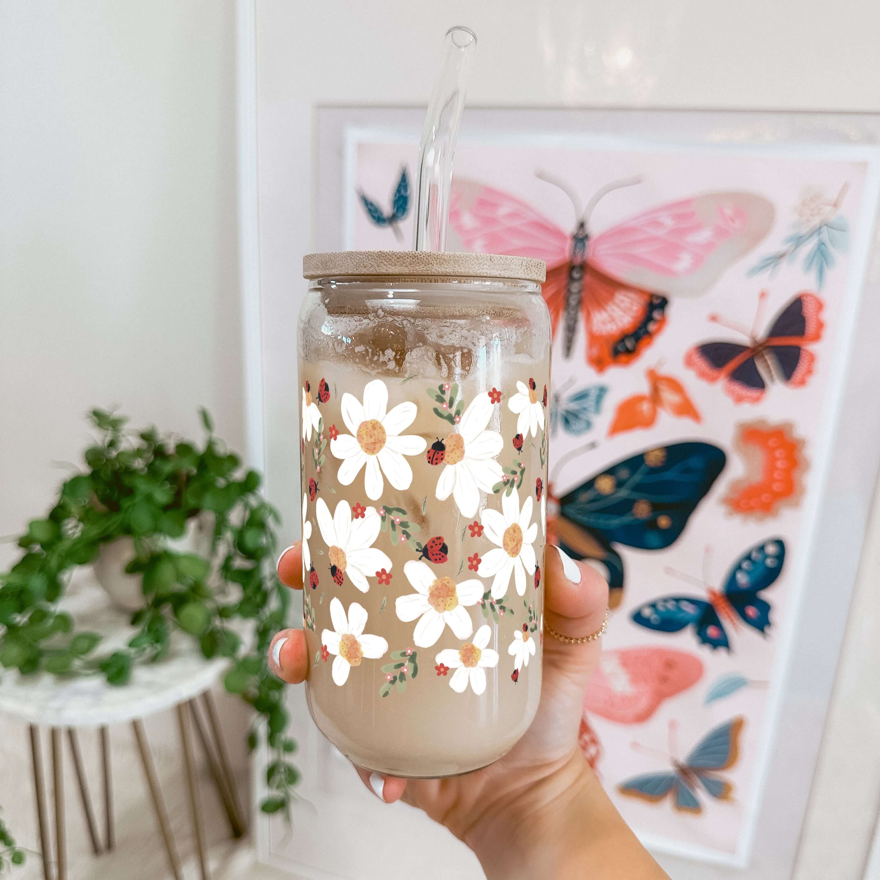 "Lucky Bloom Classic Cup"- Glasbecher mit Bambusdeckel & Strohhalm