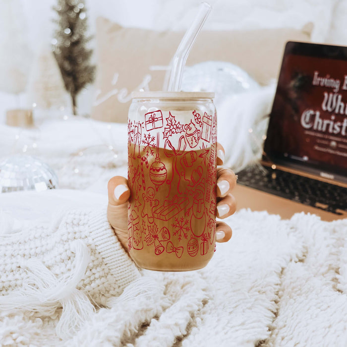 Weihnachts-Doodles-Becher mit Deckel & Strohhalm, 475ml