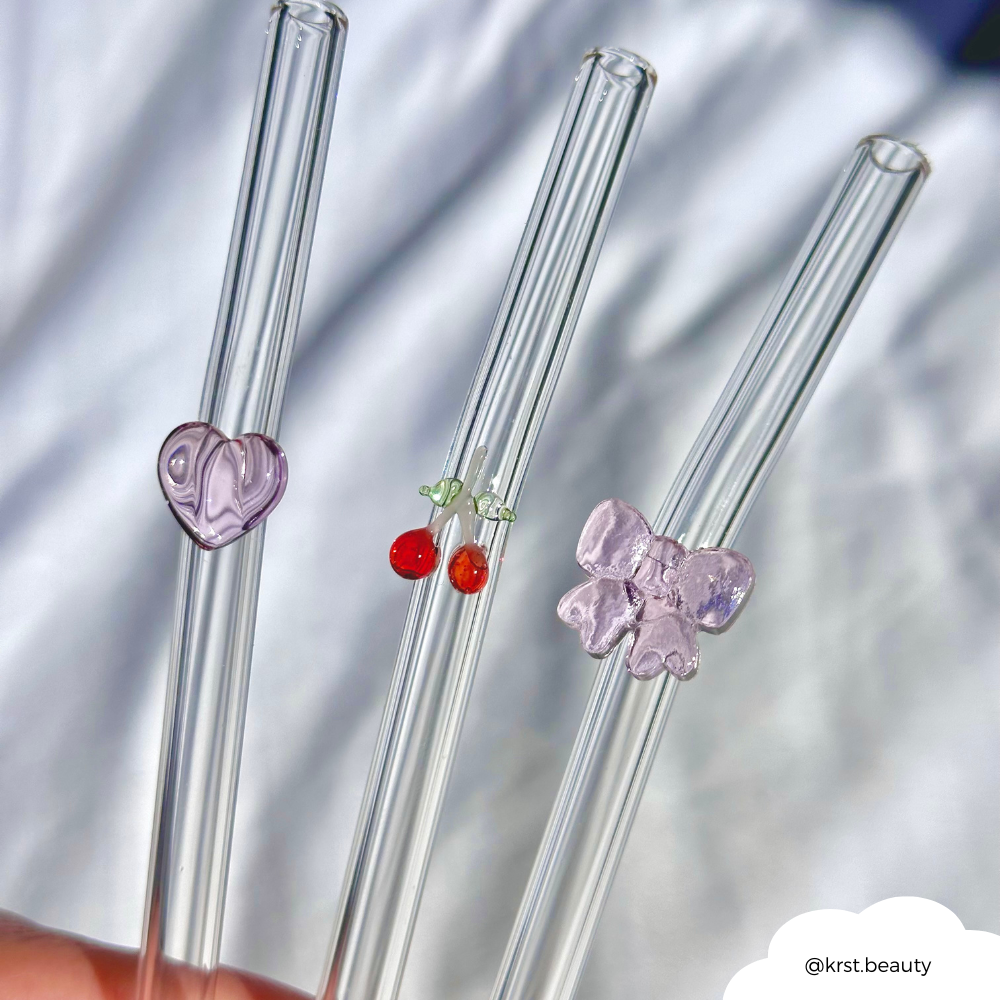 Glasstrohhalm-Set - Rosa Schleife