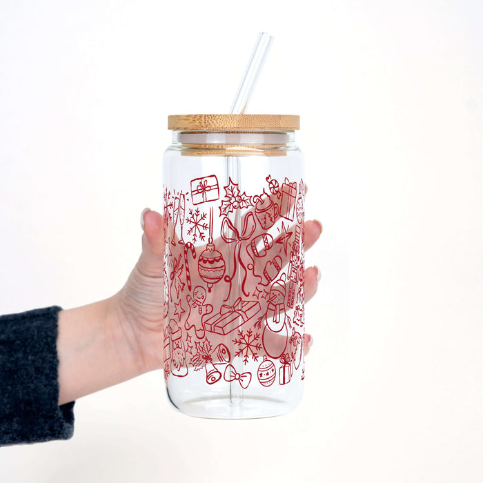 Weihnachts-Doodles-Becher mit Deckel & Strohhalm, 475ml