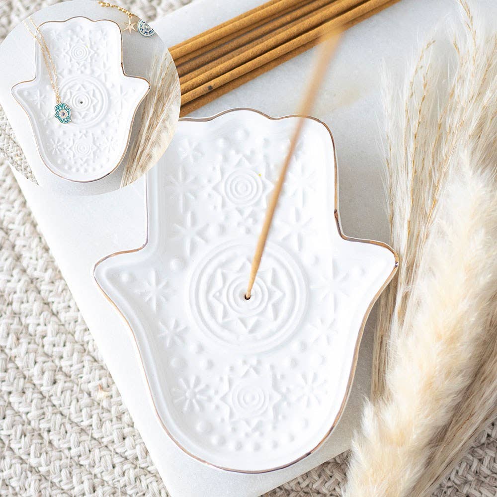 Hamsa Hand Räucherstäbchenhalter aus Keramik – Schmuckschale in Weiß