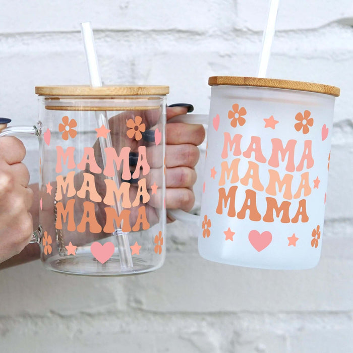 Glasbecher "Mama" 500ml mit Deckel & Strohhalm