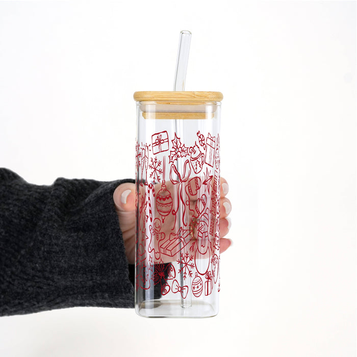 Weihnachts-Doodles-Becher mit Deckel & Strohhalm, 475ml