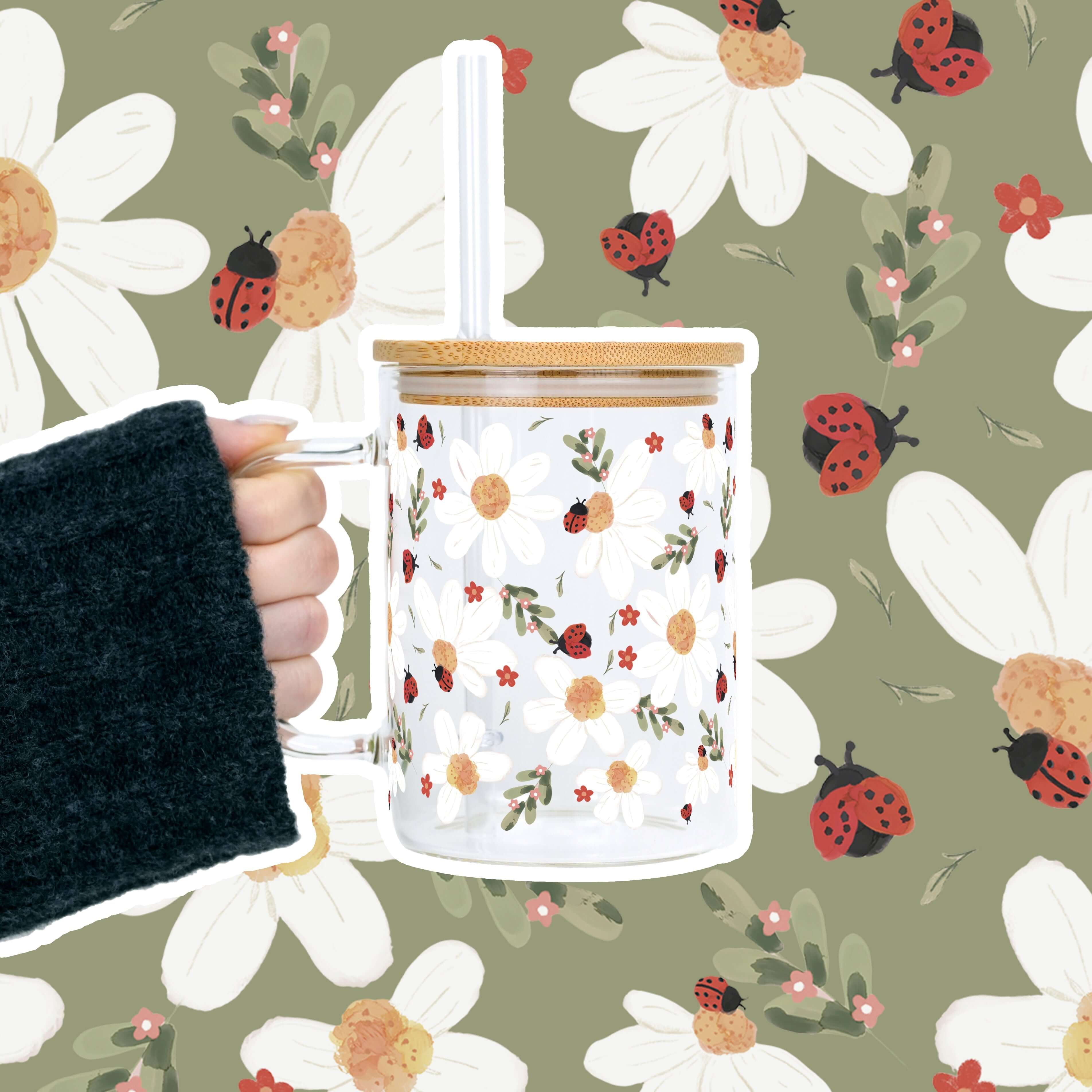 "Lucky Bloom Mug" – Glastasse mit Griff, Bambusdeckel & Strohhalm
