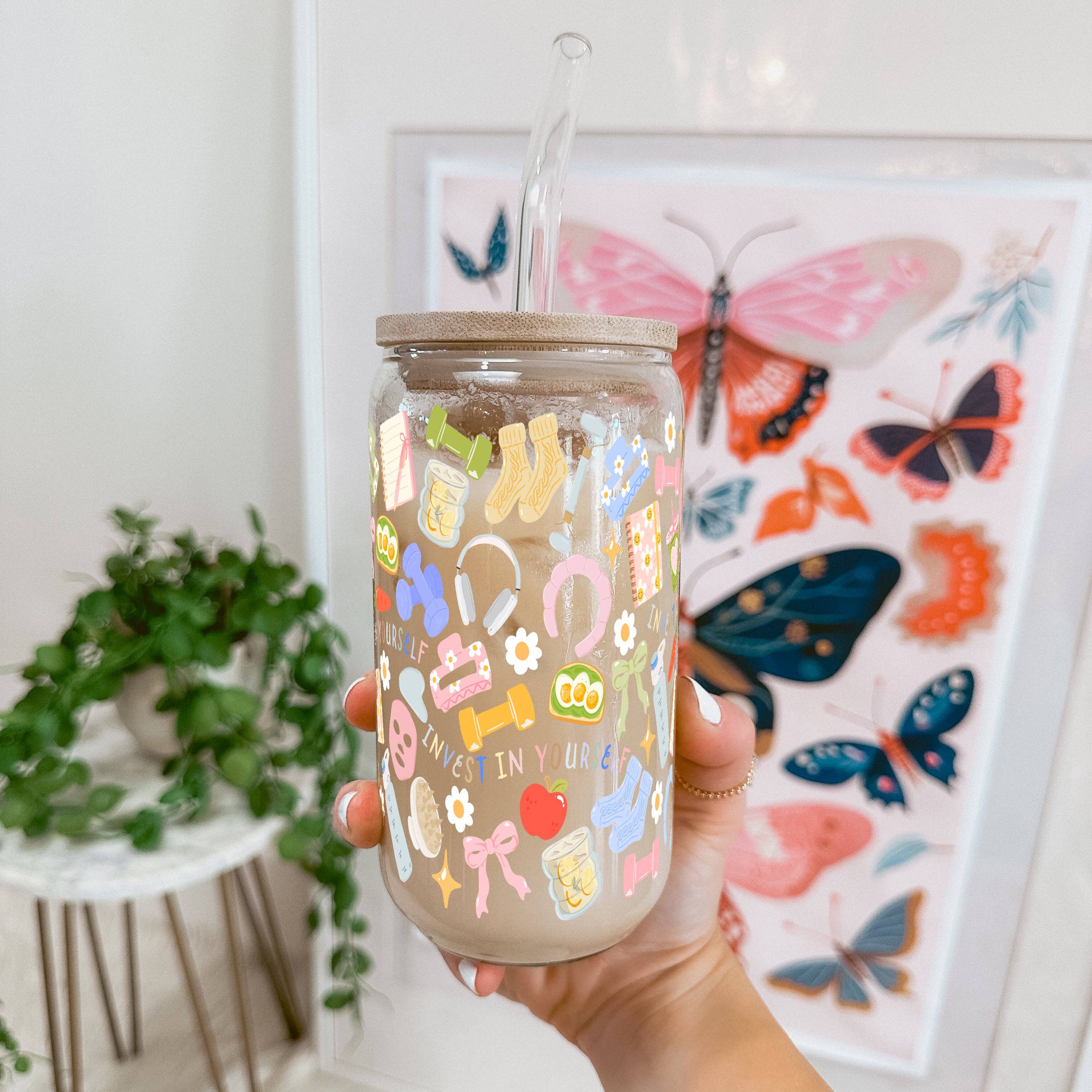 "Soft Reset Classic Cup" – Selflove Glasbecher mit Bambusdeckel & Glasstrohhalm