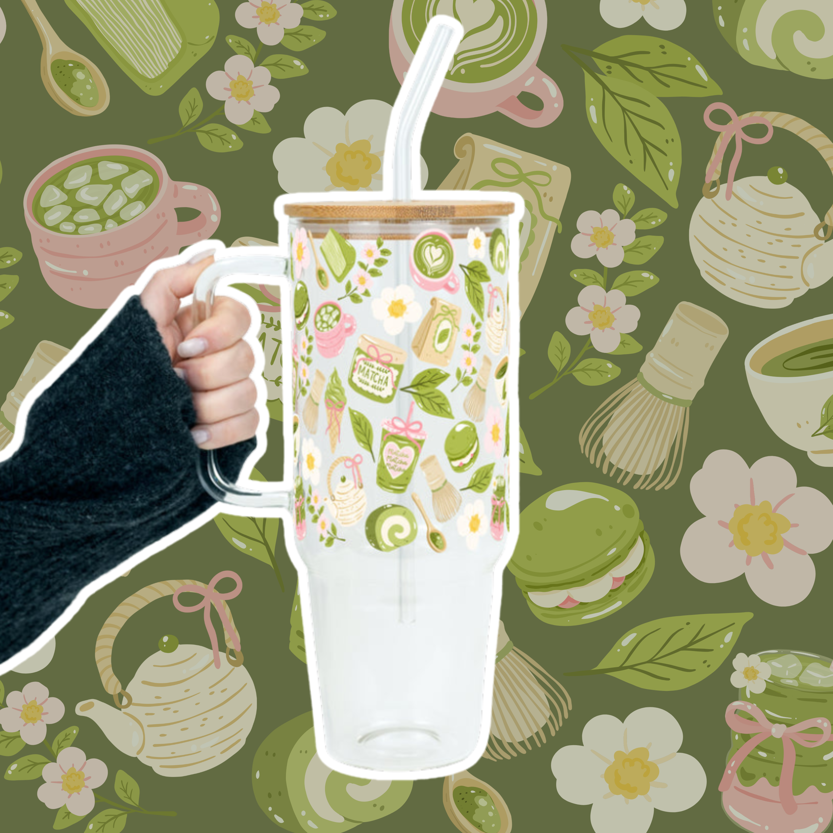 "Calm Matcha Momente" Big Cup mit Bambusdeckel & Strohhalm
