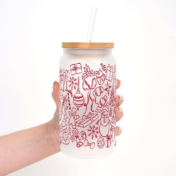 Weihnachts-Doodles-Becher mit Deckel & Strohhalm, 475ml