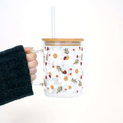 "Lucky Bloom Mug" – Glastasse mit Griff, Bambusdeckel & Strohhalm
