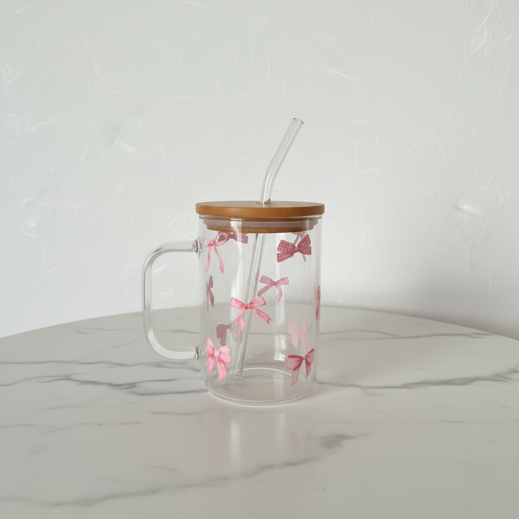 "Blush Bow Mug" – Glastasse mit Griff, Bambusdeckel & Glasstrohhalm