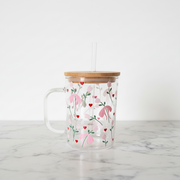 "Sweet Bow Bloom" Mug – 500ml Glastasse mit Bambusdeckel & Strohhalm