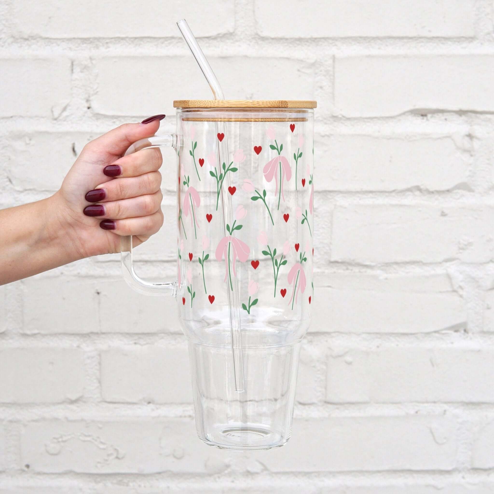 "Sweet Bow Bloom" Big Cup – Glasbecher mit Bambusdeckel & Glasstrohhalm