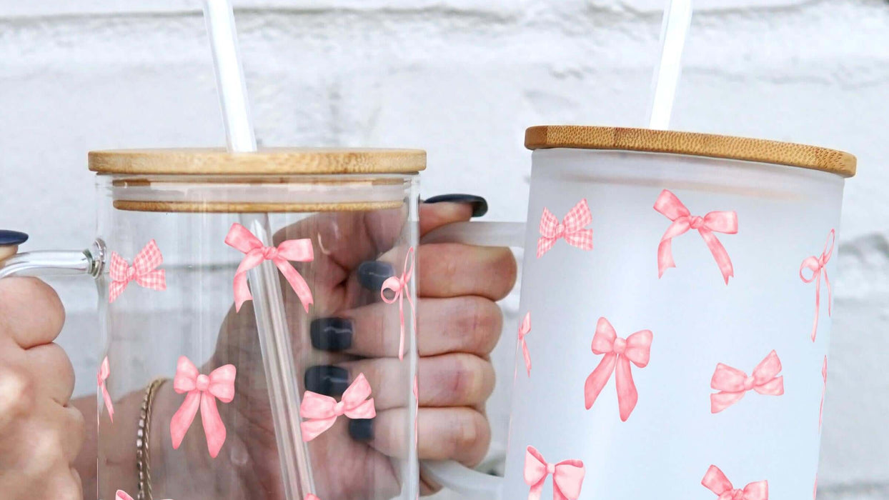 Becher "Pink Bow" mit Deckel und Strohhalm, 500ml