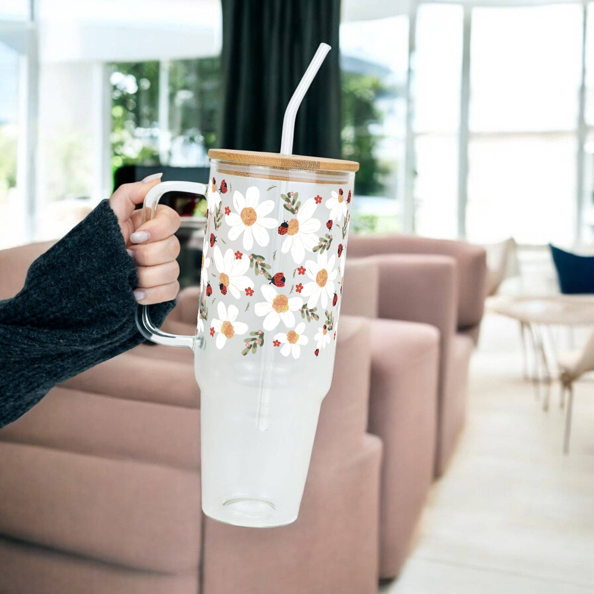 "Lucky Bloom" - Big Cup mit Griff, Bambusdeckel und Glasstrohhalm