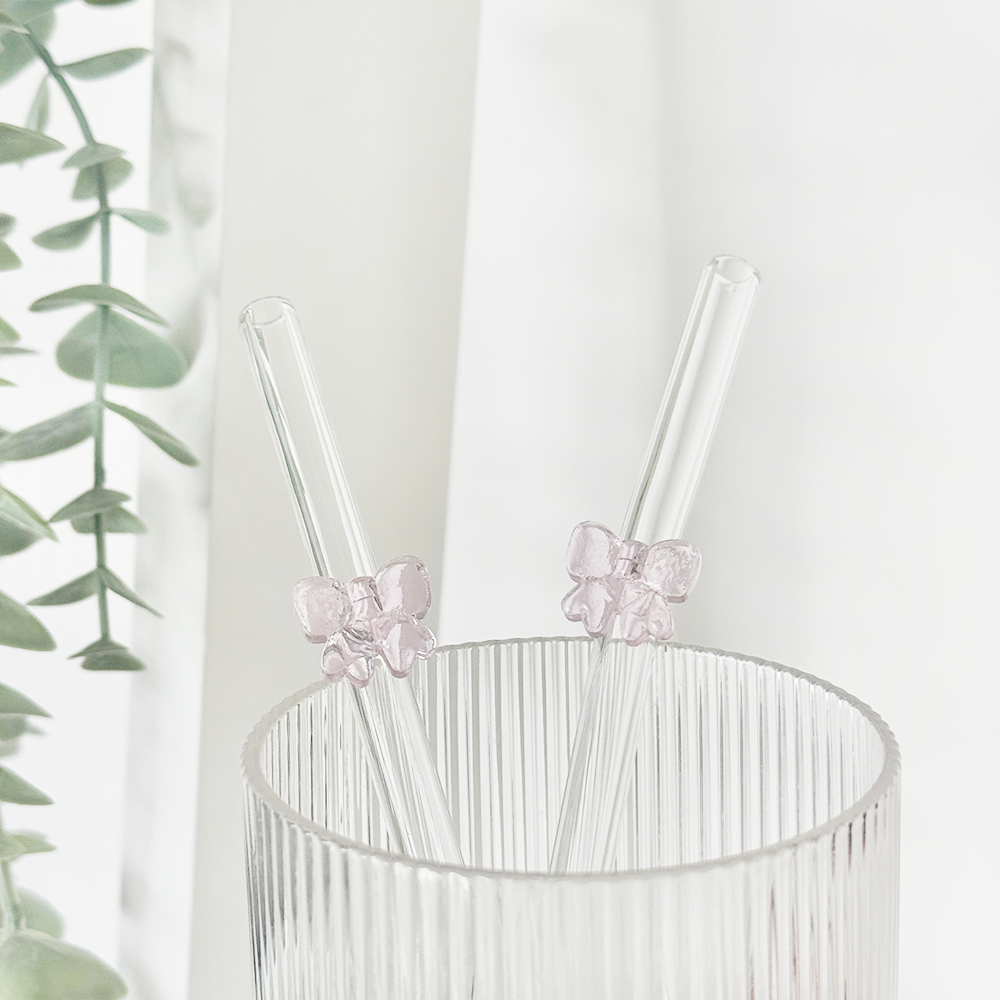 Glasstrohhalm-Set - Rosa Schleife