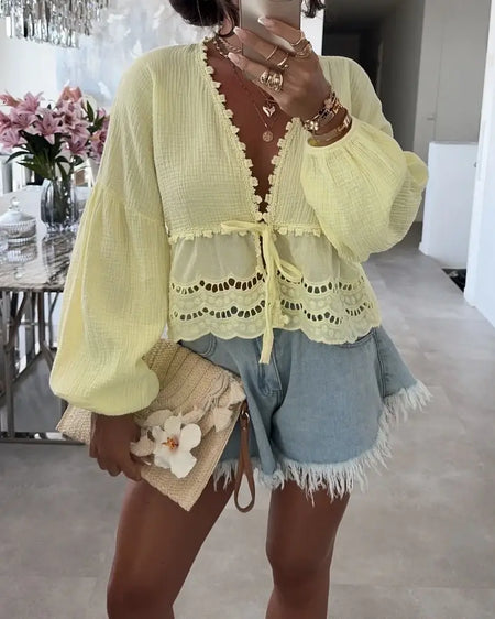 Baumwoll-Gaze-Top mit Spitzenbesatz - 7642