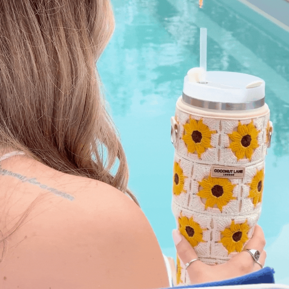 Becher-Tragetasche, gehäkelt mit Sonnenblumenmotiv
