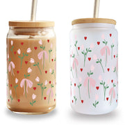 "Sweet Bow Bloom" Cup – Glasbecher mit Bambusdeckel & Glasstrohhalm