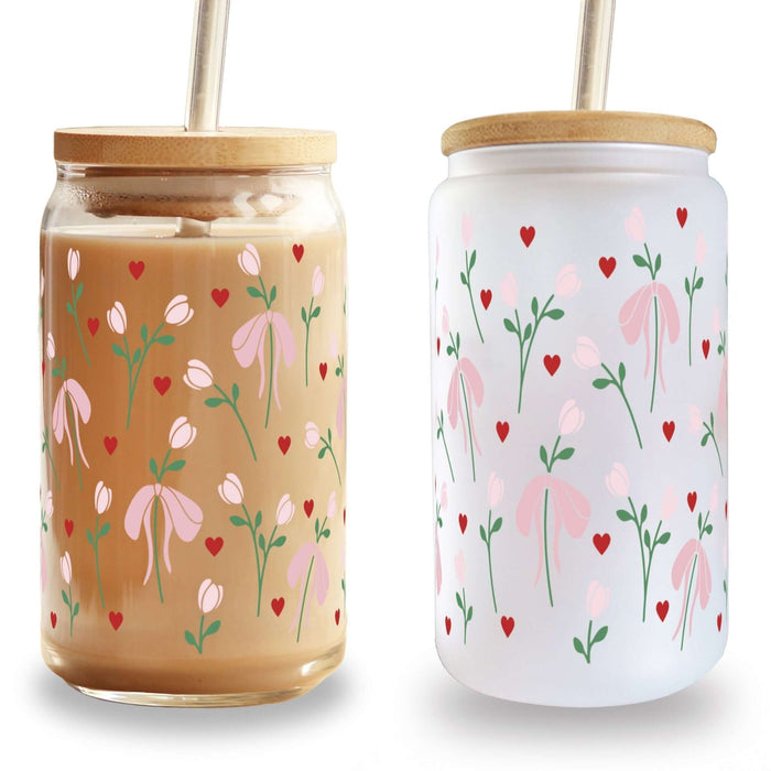 "Sweet Bow Bloom" Cup – Glasbecher mit Bambusdeckel & Glasstrohhalm