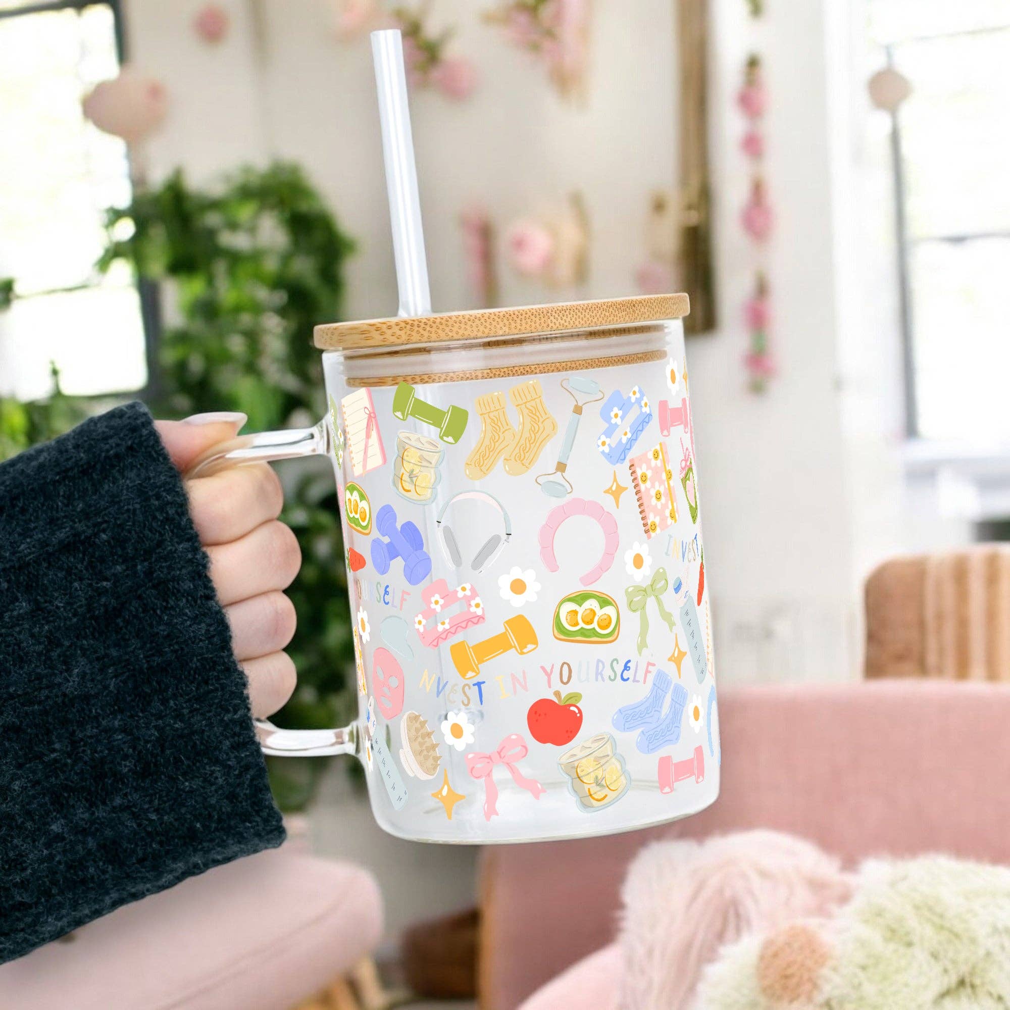 "Soft Reset" Glastasse - mit Bambusdeckel & Strohhalm