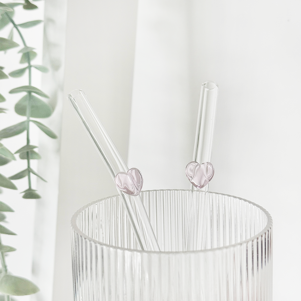 Glasstrohhalm-Set - Rosa Herz