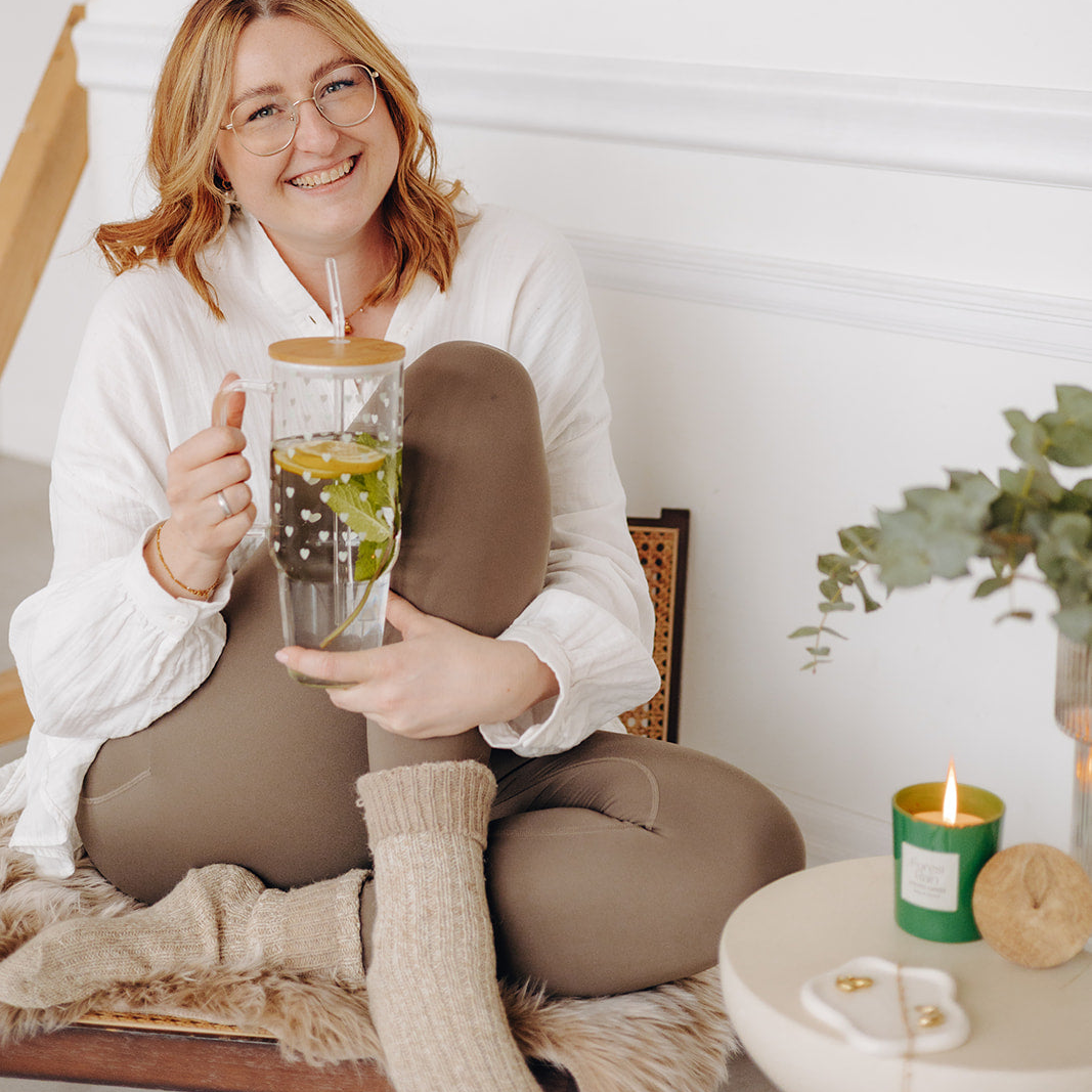 "Sage Hearts" Big Cup - mit Bambusdeckel & Glasstrohhalm
