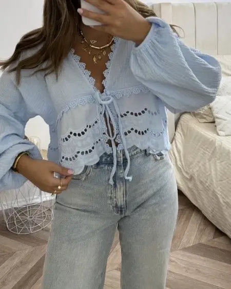 Baumwoll-Gaze-Top mit Spitzenbesatz - 7642