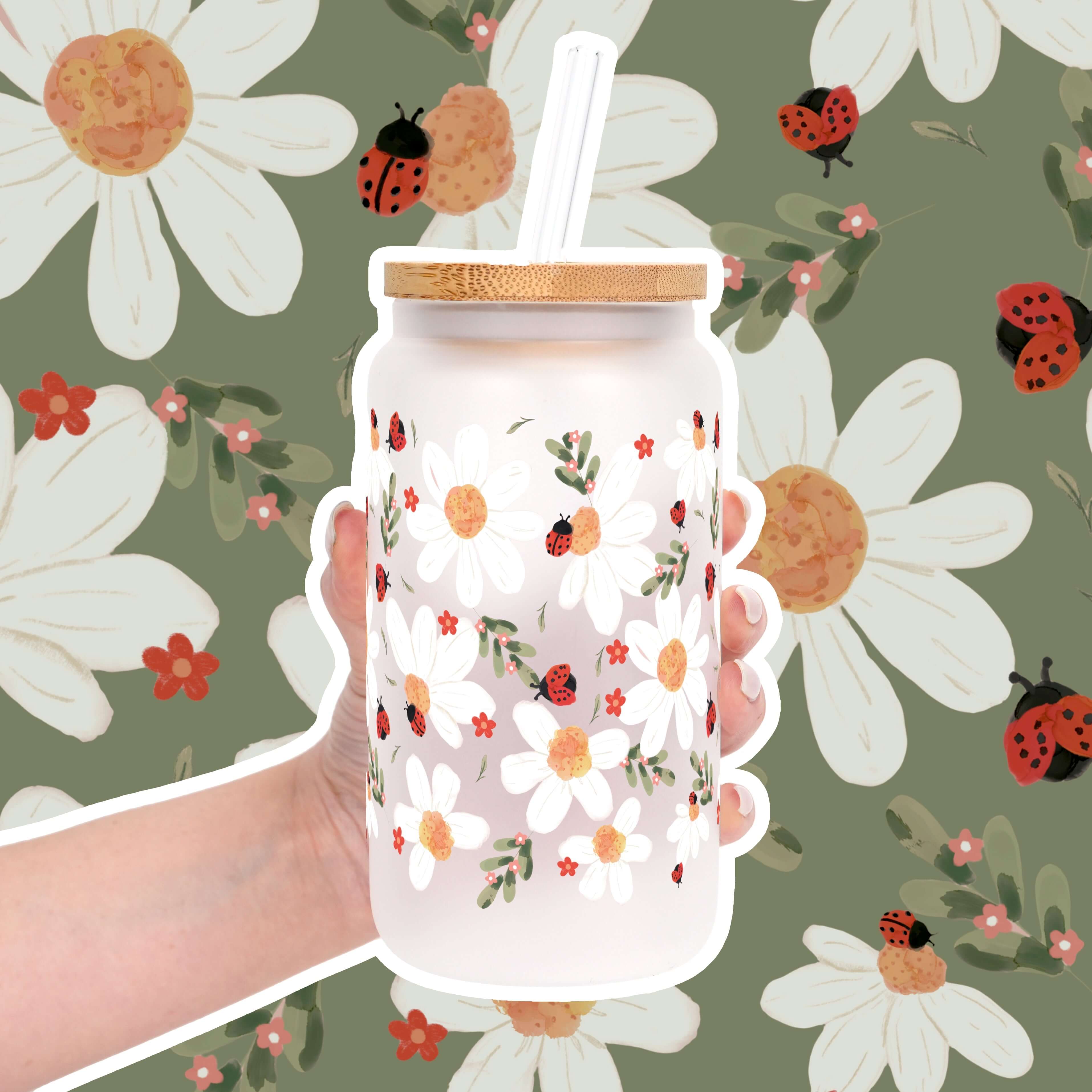 "Lucky Bloom Classic Cup"- Glasbecher mit Bambusdeckel & Strohhalm