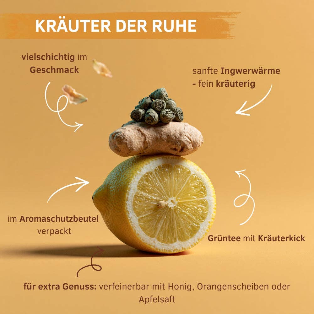 Kräuter der Ruhe – Kräuter- und Grünteemischung mit Ingwer und Zitrone, 100 g