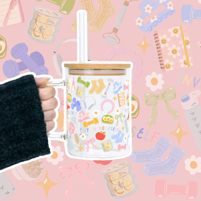 "Soft Reset" Glastasse - mit Bambusdeckel & Strohhalm