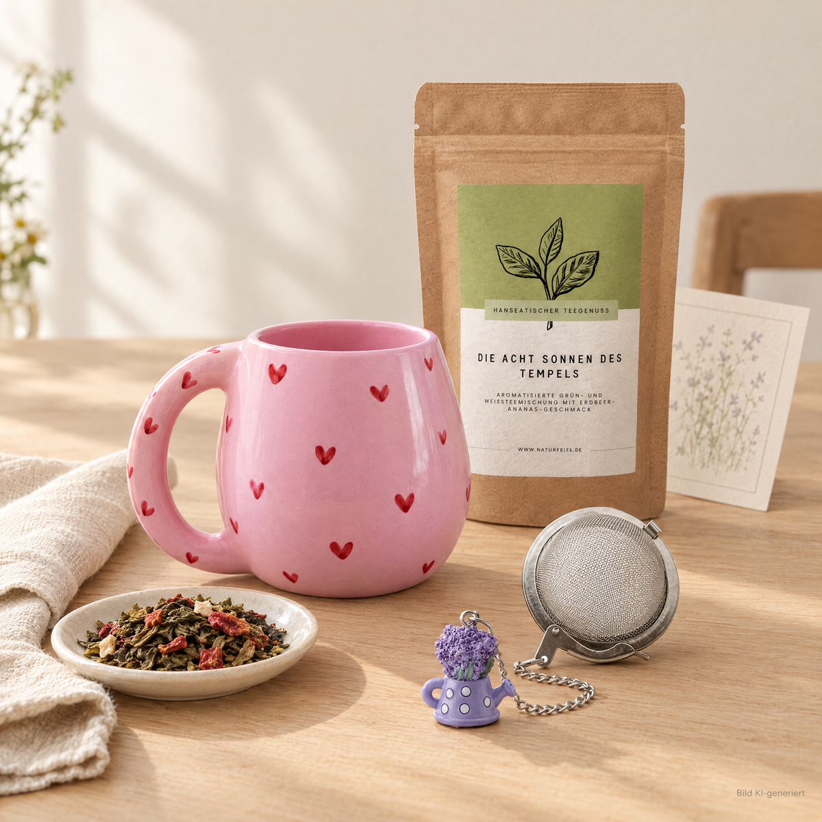 Die erste halbe Stunde mit Keramiktasse Amor in Pink mit roten Herzen, Tee, Tee-Ei und Impulskarte