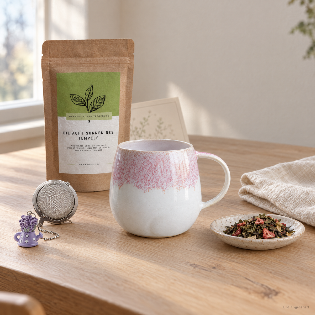Die erste halbe Stunde mit Keramiktasse Aurora in Rosé-Weiß, Tee, Tee-Ei und Impulskarte