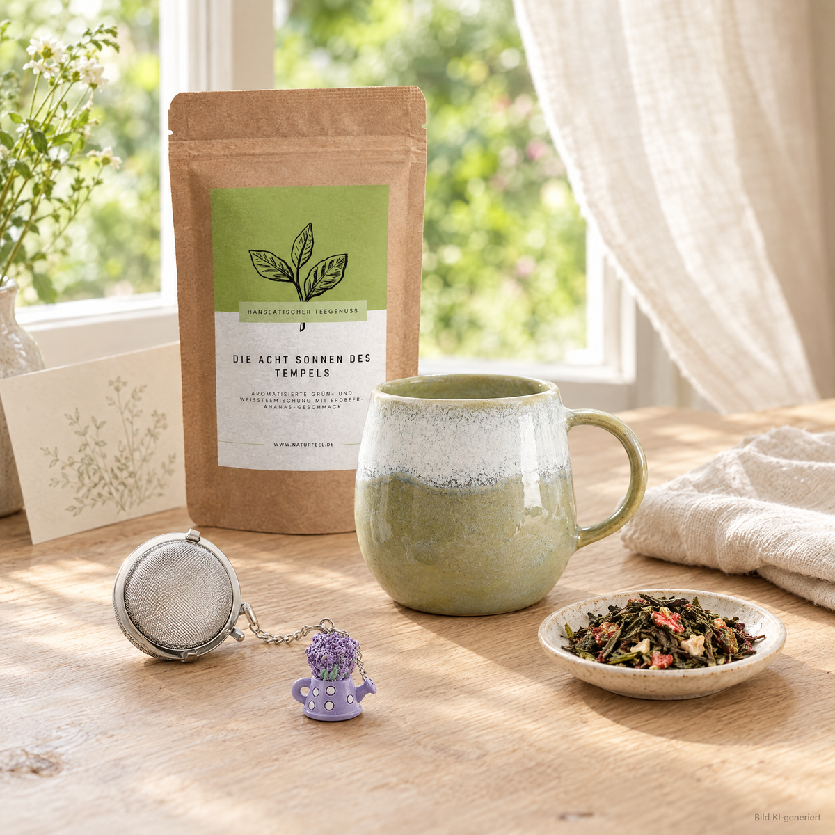 Die erste halbe Stunde mit Keramiktasse Oasis in Meergrün, Tee, Tee-Ei und Impulskarte